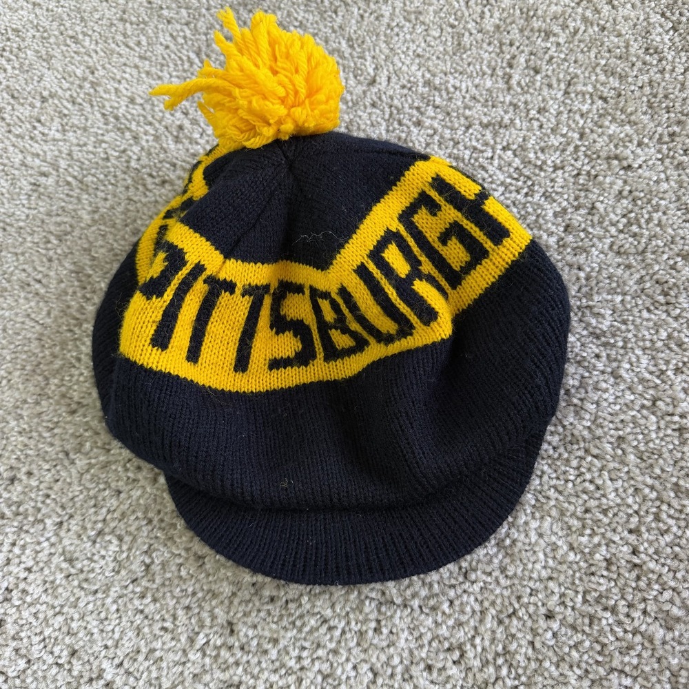 Vintage Pittsburgh Steelers Hat Mens OS Black Gold NFL Football Knit Pom Cap